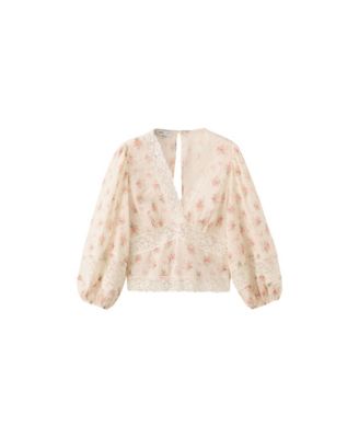 Women's Floral-Print Lace Puffed-Sleeve Blouse