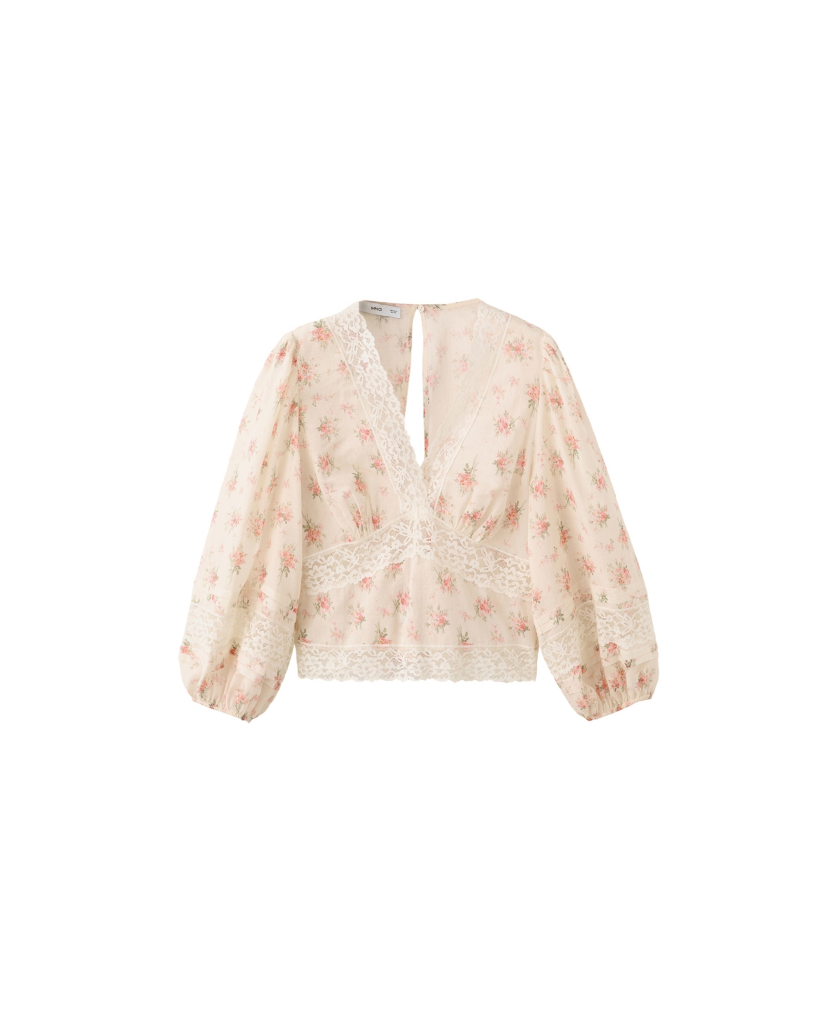 Mango Women's Floral-Print Lace Puffed-Sleeve Blouse - Pink