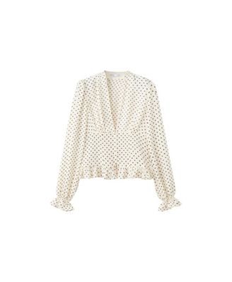 Women's Polka Dot Long-Sleeve V-Neck Blouse