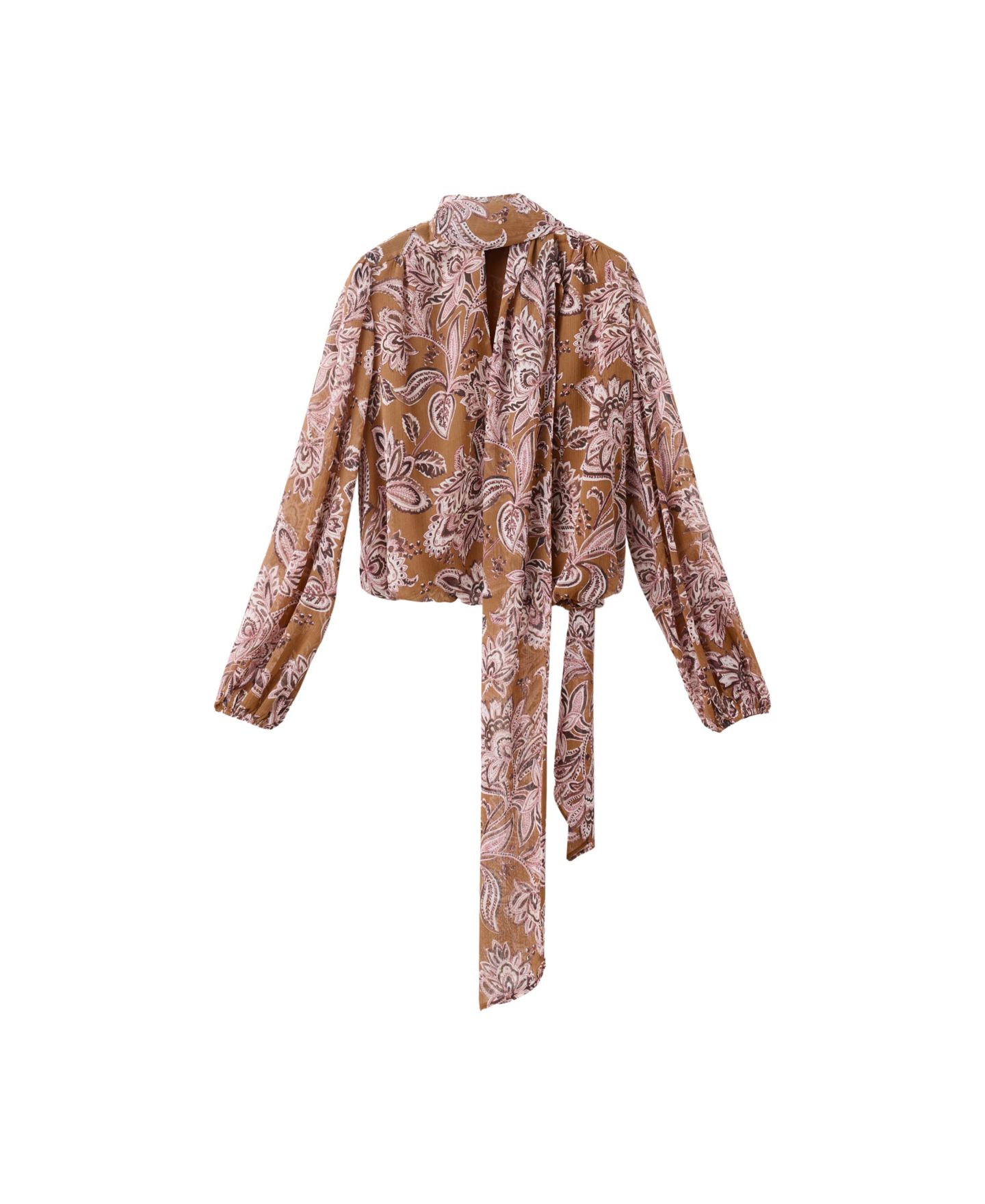 Женская блузка Mango Floral-Print Bow Puffed-Sleeve, цвет: Коричневый — фото 1