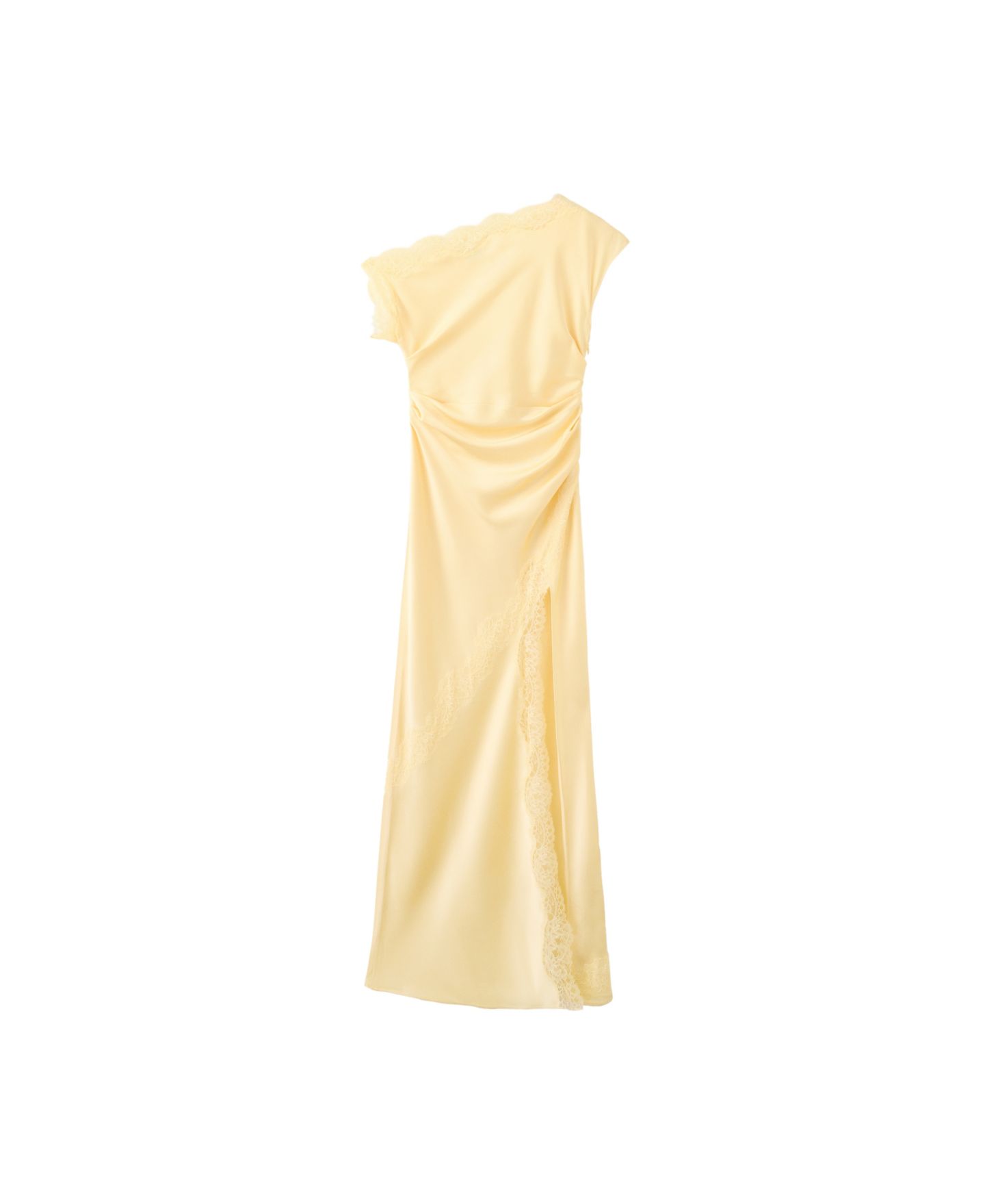 Женское платье Mango One Shoulder Asymmetrical Lace Details, цвет: Пастельный жёлтый — фото 1