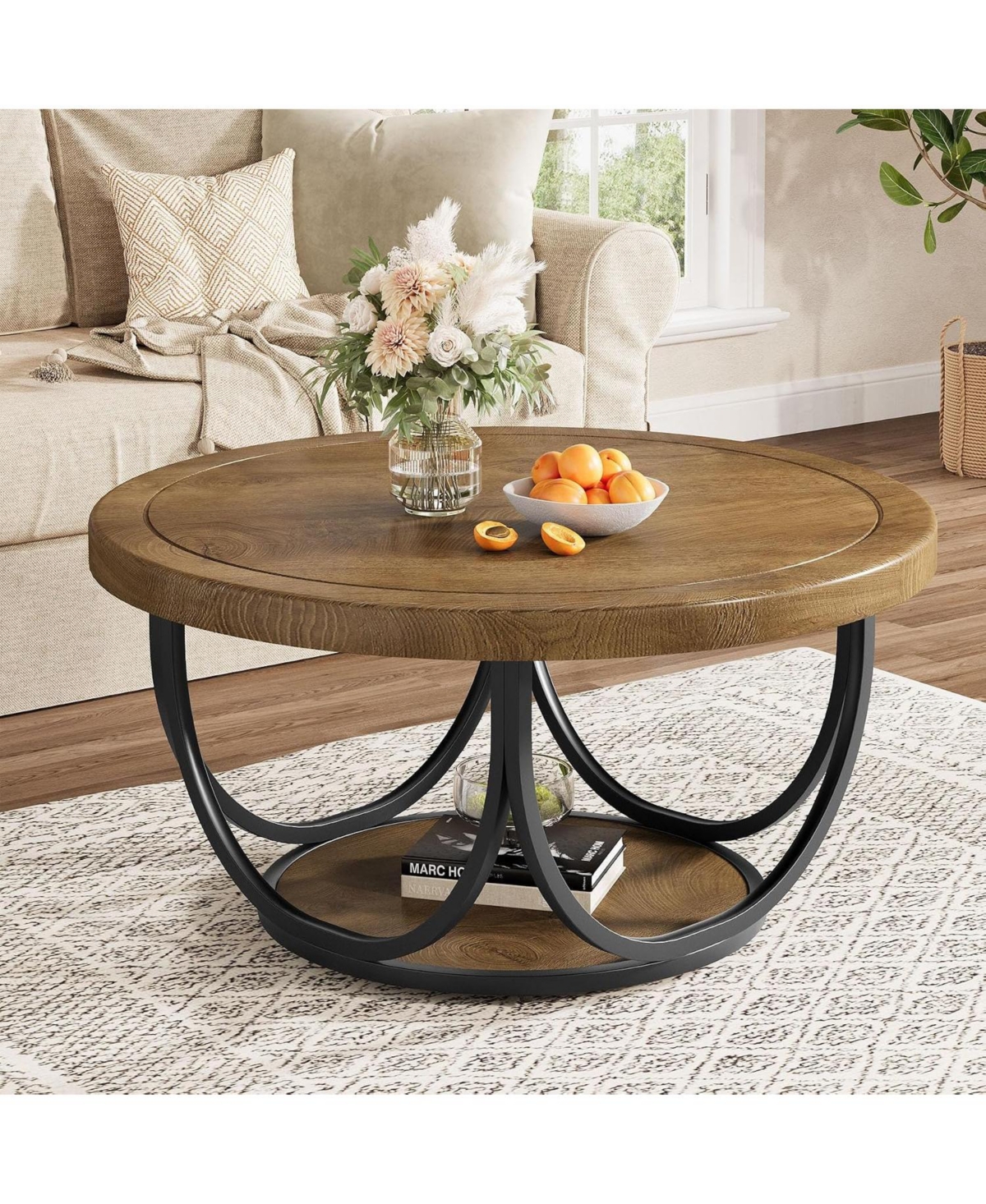 Tribesigns Round Coffee Table with 2 Tiers, 33.5" Wooden Circle Accent Cocktail Table, Industrial Center Tables - Light brown and black
