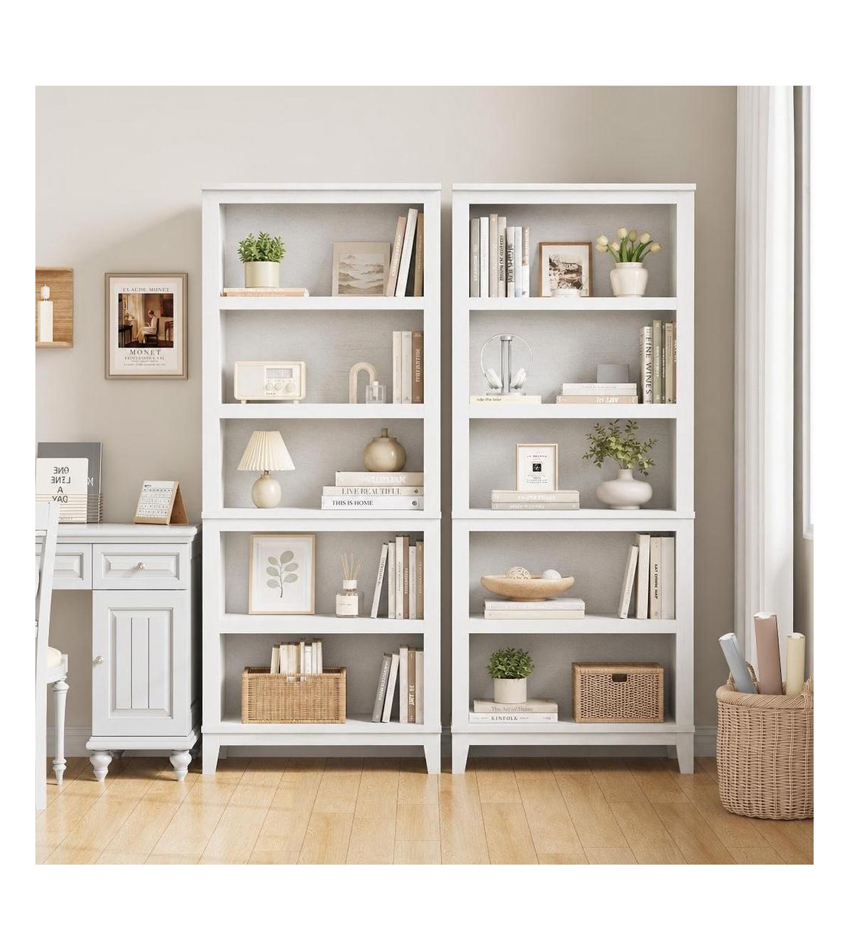 gaomon Set of 2 Narrow Bookcases â 5-Tier with Adjustable Shelves, 71" Tall Farmhouse Bookshelf for Living Room and Office - White