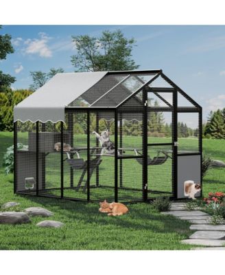 Large Outdoor Cat Enclosure for Multiple Cats - Weatherproof Catio with UV Cover, Platform and Side Door, Window Edition,70"L x 95"W x 76"H