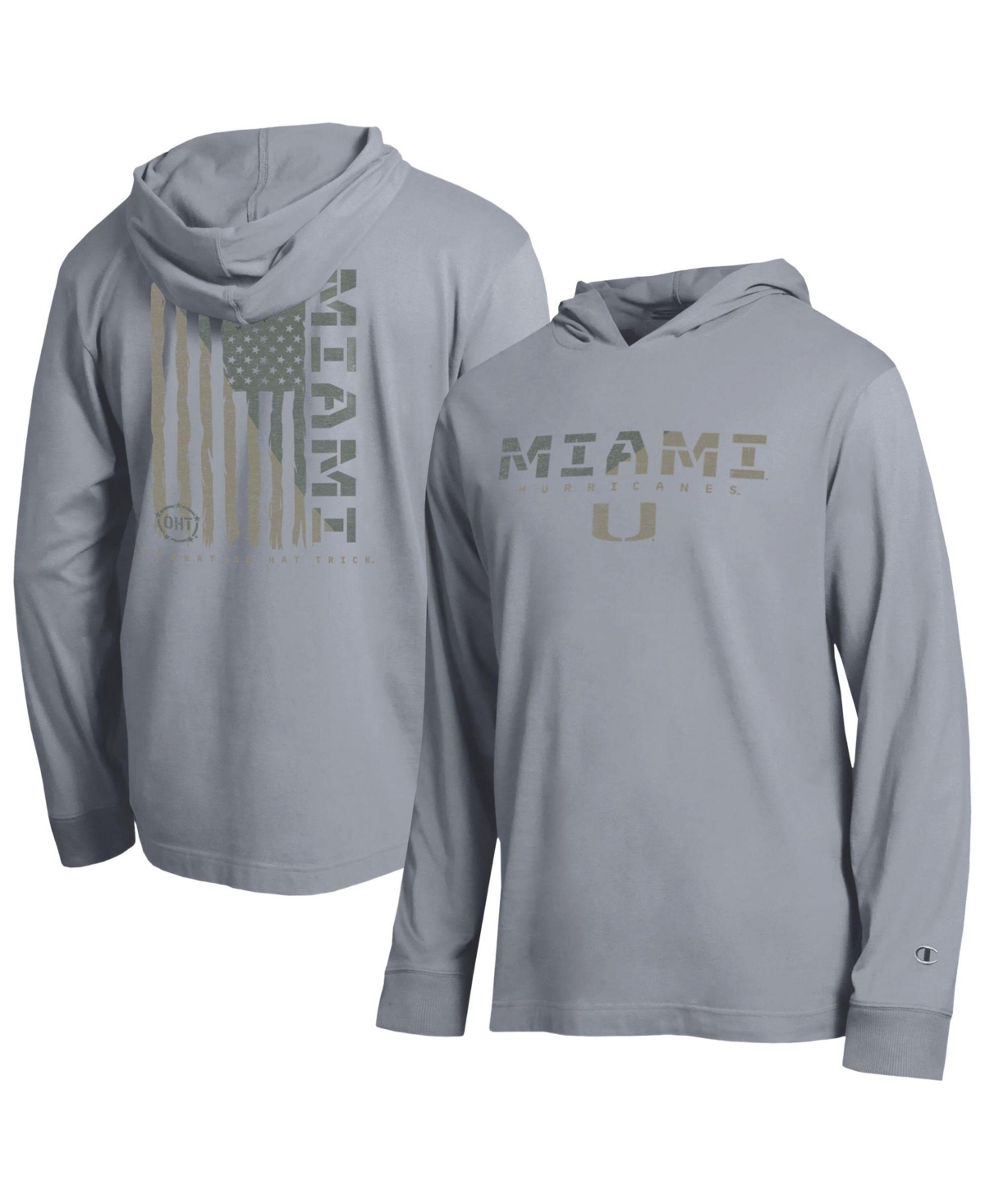 Champion Men's Heather Gray Miami Hurricanes Operation Hat Trick Flag Hooded Long-Sleeve T-Shirt - Heather Gray