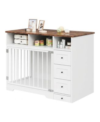 Wood and Metal Dog Crate Furniture with Storage Drawers, Pull-Out Feeding Bowl, 47.8 Inch Farmhouse Style Pet Kennel Side Table