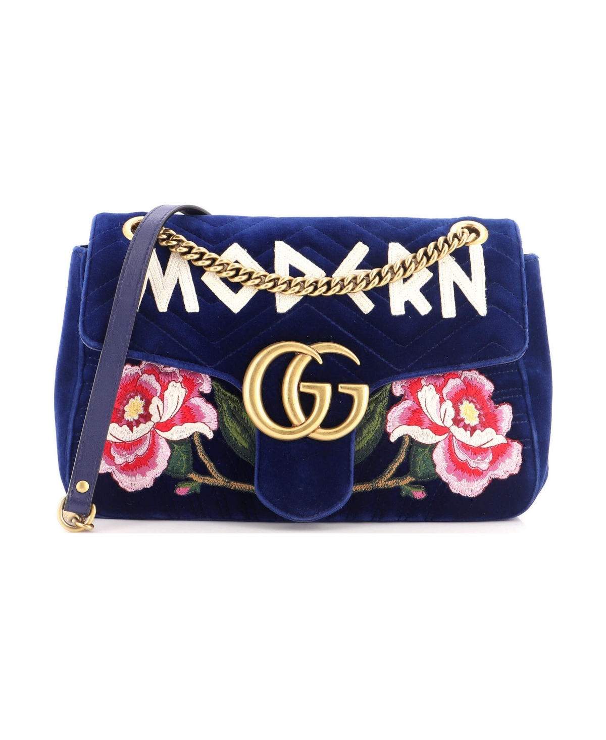 Pre-Owned Gucci Medium Gg Marmont Flap Bag Embroidered Matelasse Velvet - Blue