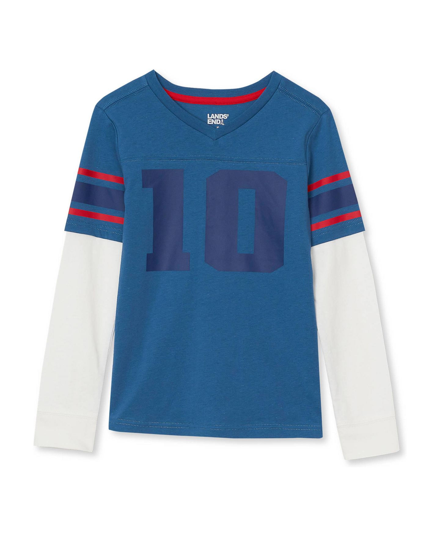 Футболка Lands' End Varsity Faux Two-Fer Sleeve V-Neck Graphic для мальчиков, цвет: Тёмный синий — фото 1