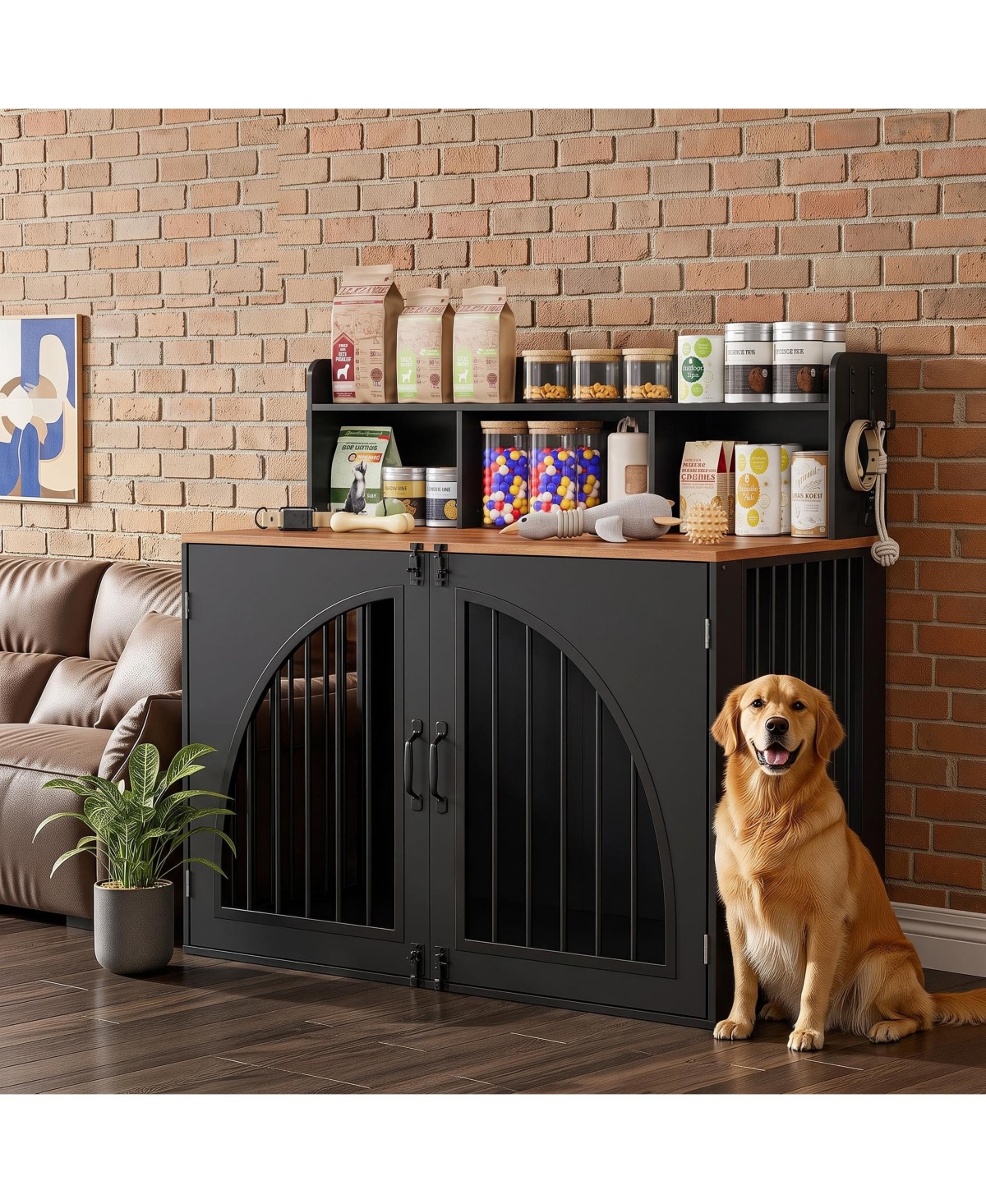 Lalfpet Stylish Wooden Dog Crate Furniture with Storage Shelves for Large Dogs - Black M