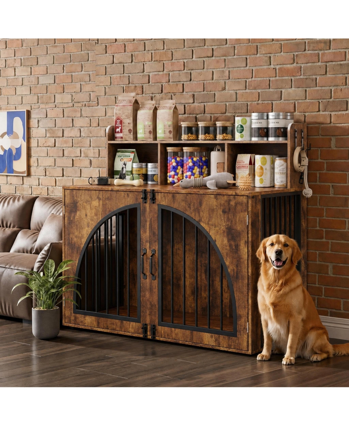 Lalfpet Stylish Wooden Dog Crate Furniture with Storage Shelves for Large Dogs - Brown M