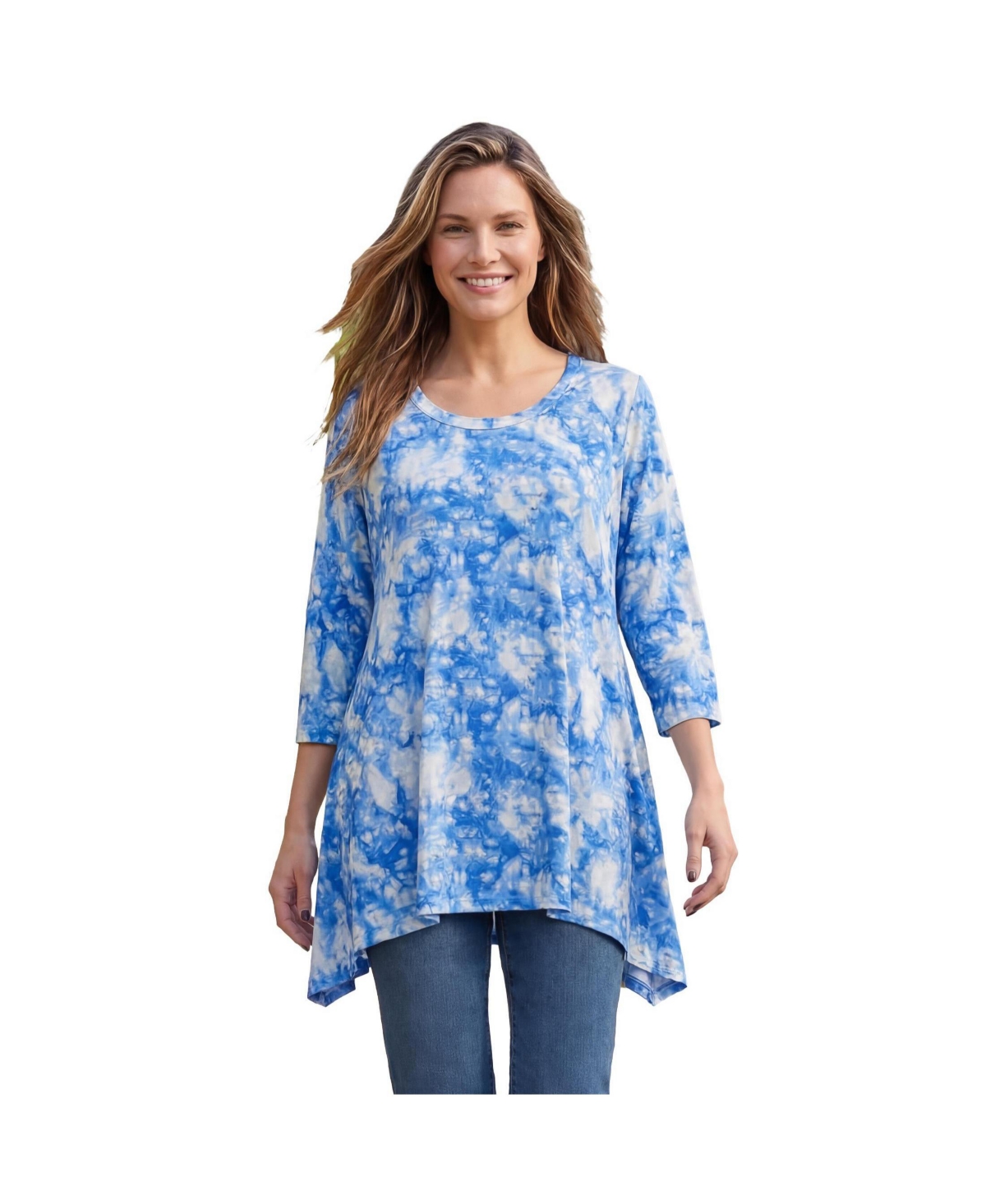 Woman Within Plus Size Swing Hem Tunic - Soft blue tie dye