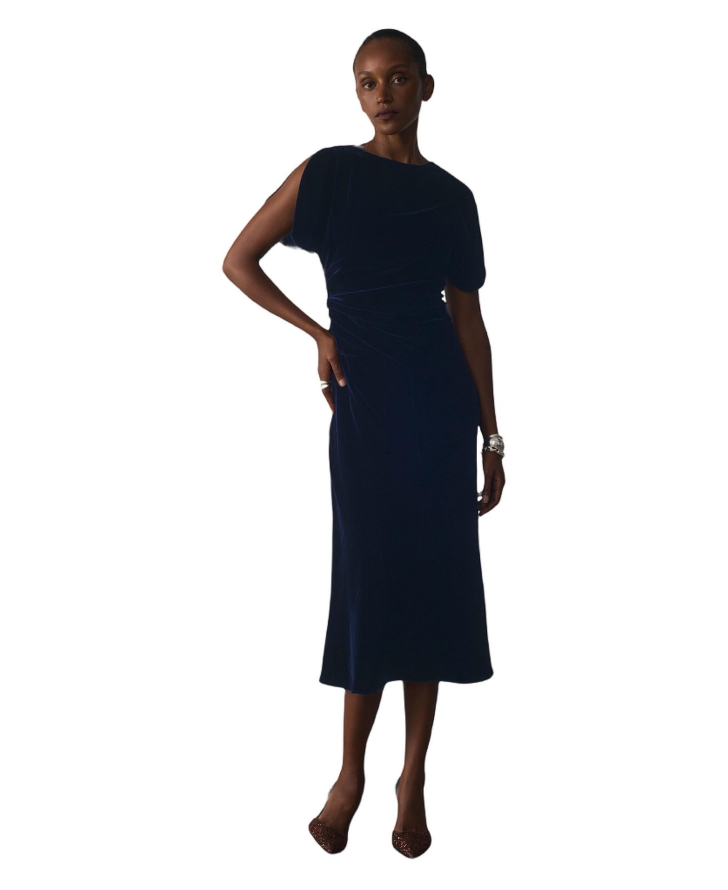 Женское платье The Fold Salerno Velvet A-Line Ruched Midi, цвет: Тёмно-синий — фото 1