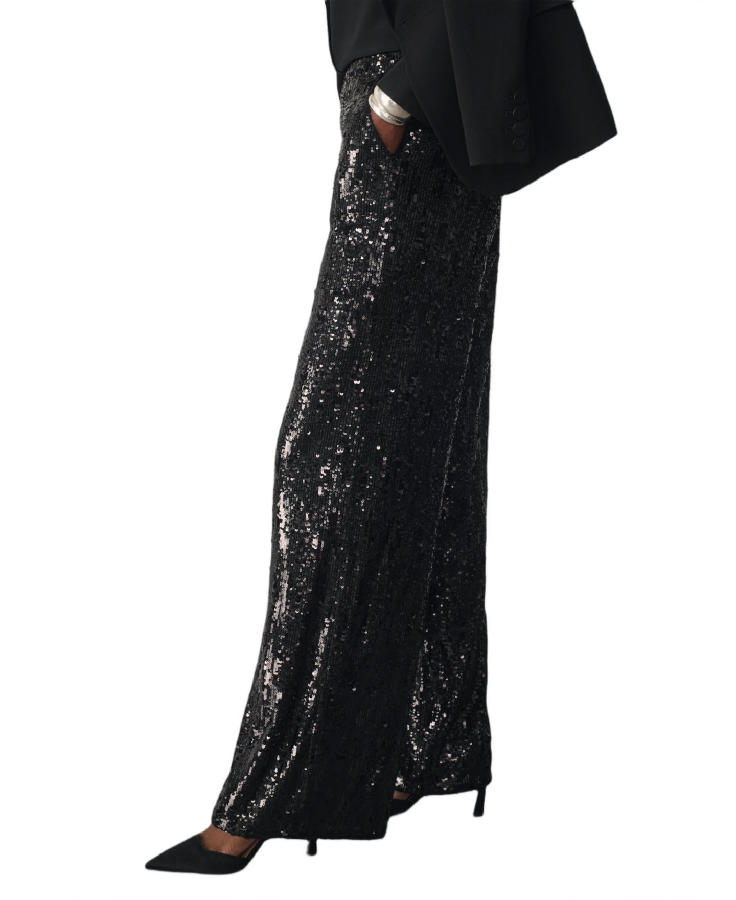 Женские брюки The Fold Arezzo Sequin High-Waisted Wide-Leg, цвет: Чёрный — фото 2