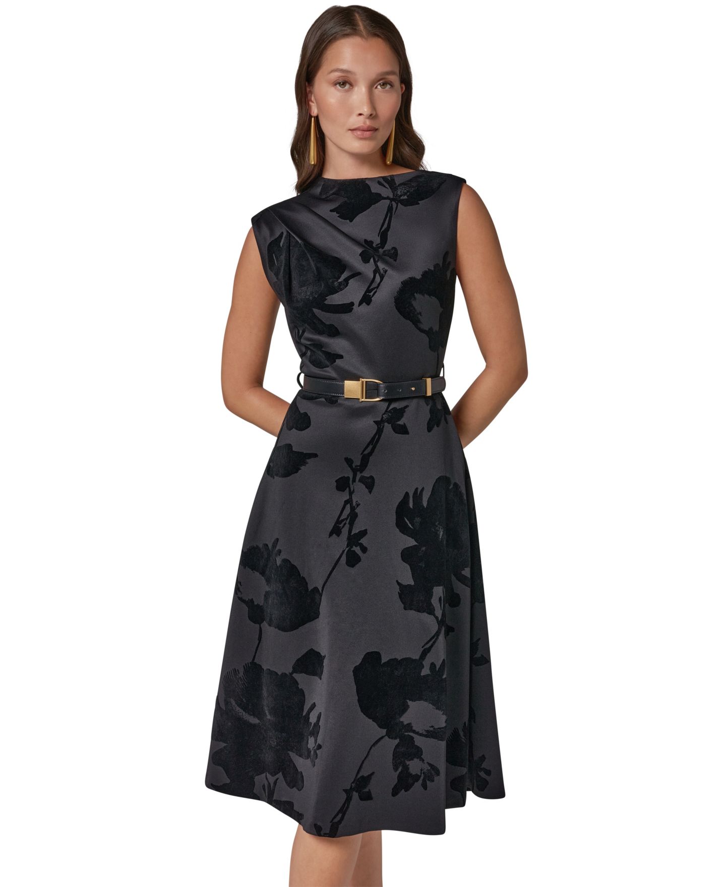 Женское платье Donna Karan New York Floral-Print Sleeveless Fit & Flare, цвет: Чёрный — фото 6