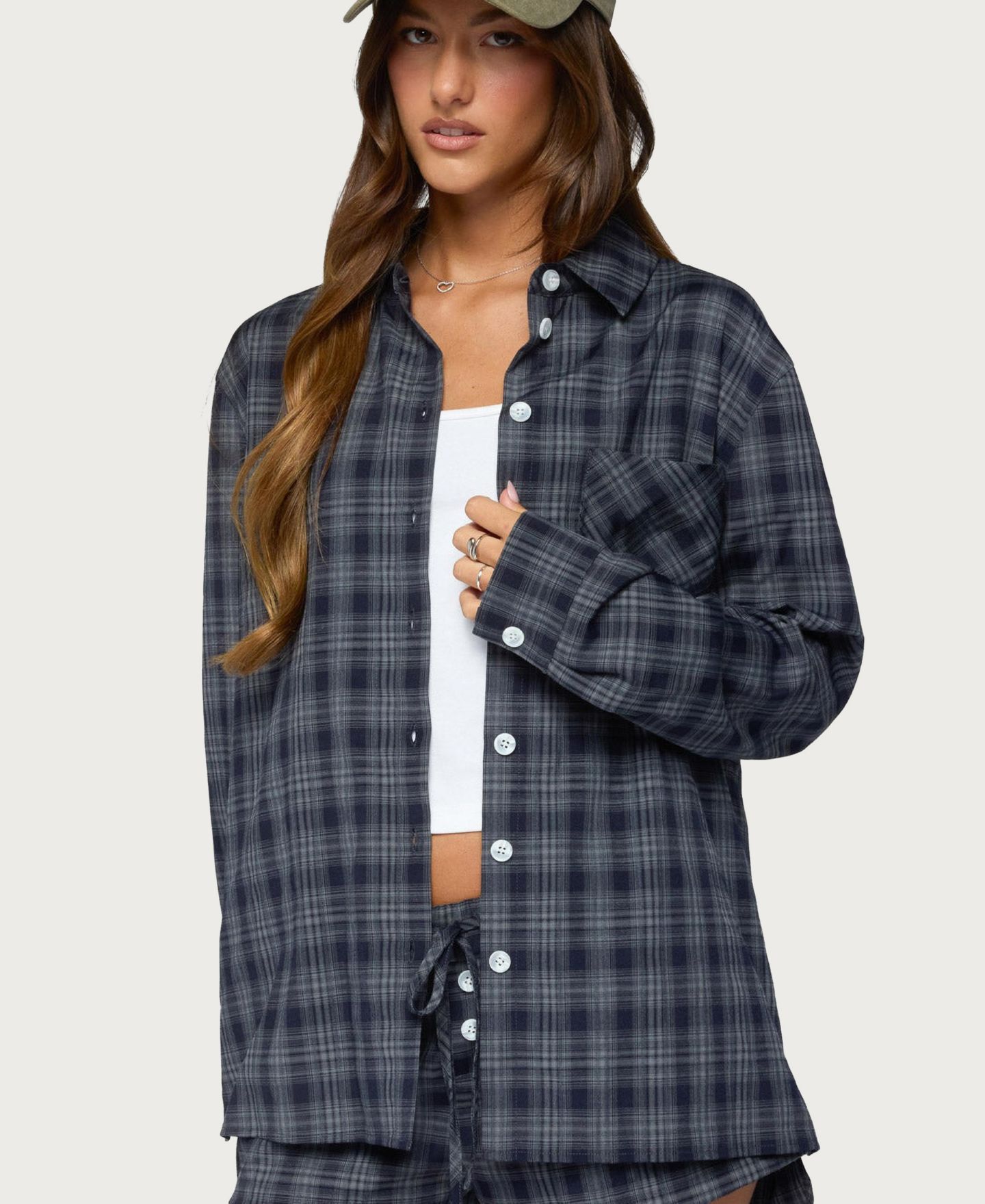 Женский топ Edikted Alessa Plaid Long Sleeve Button Up, цвет: Тёмный синий — фото 1