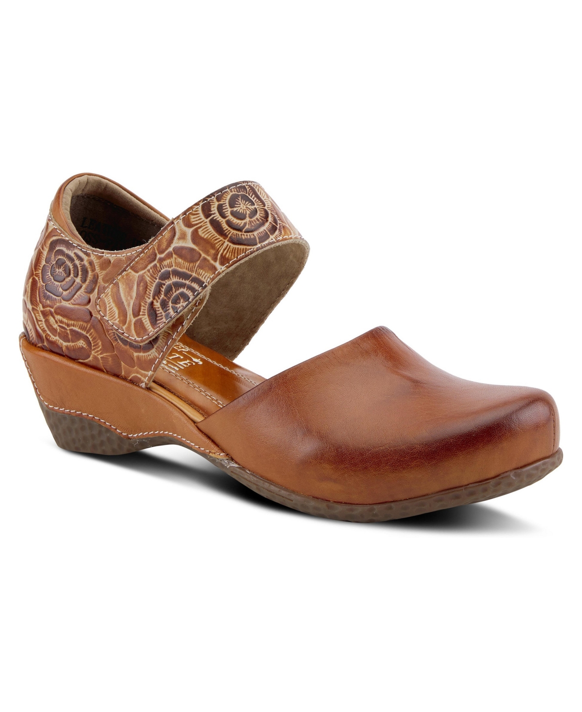 L'Artiste Gloss-Pansy Hand-Painted Floral Leather Round-Toe Mary Jane Flats - Camel