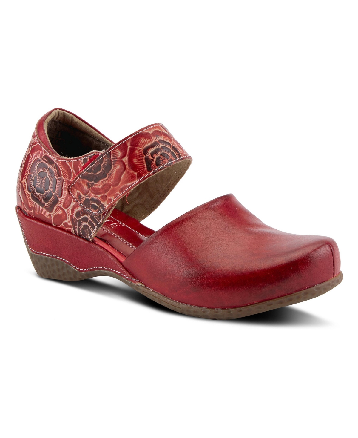 L'Artiste Gloss-Pansy Hand-Painted Floral Leather Round-Toe Mary Jane Flats - Red
