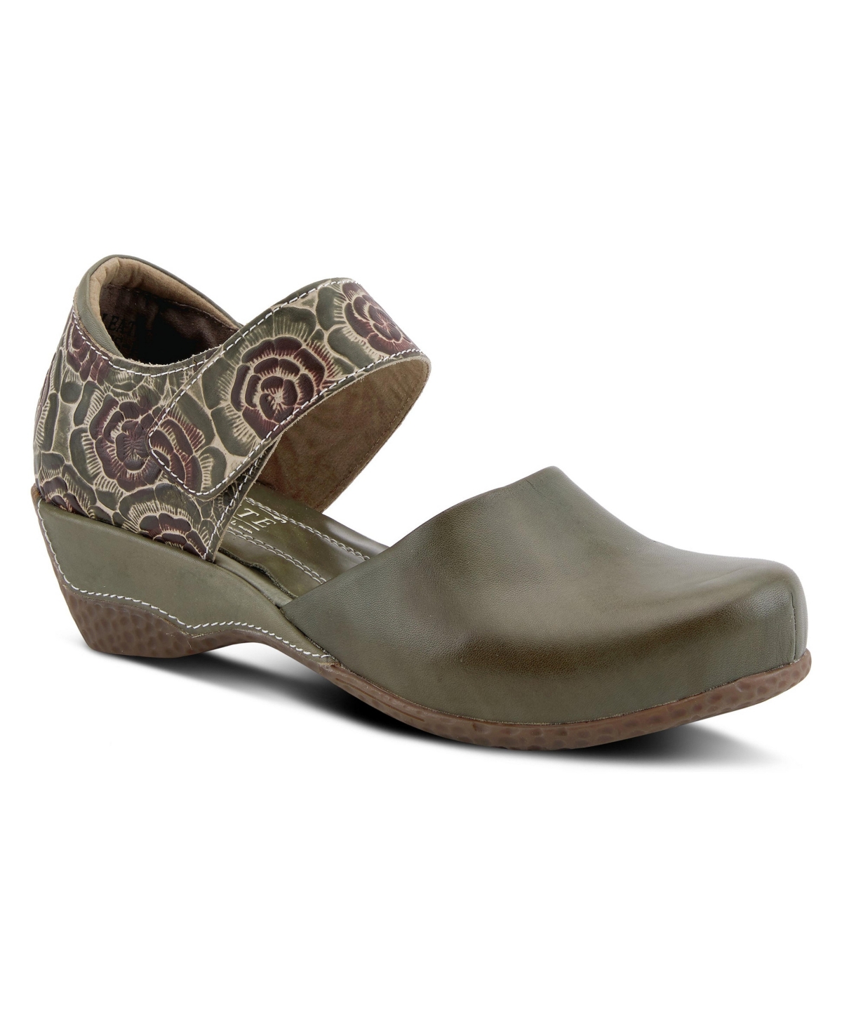L'Artiste Gloss-Pansy Hand-Painted Floral Leather Round-Toe Mary Jane Flats - Olive green