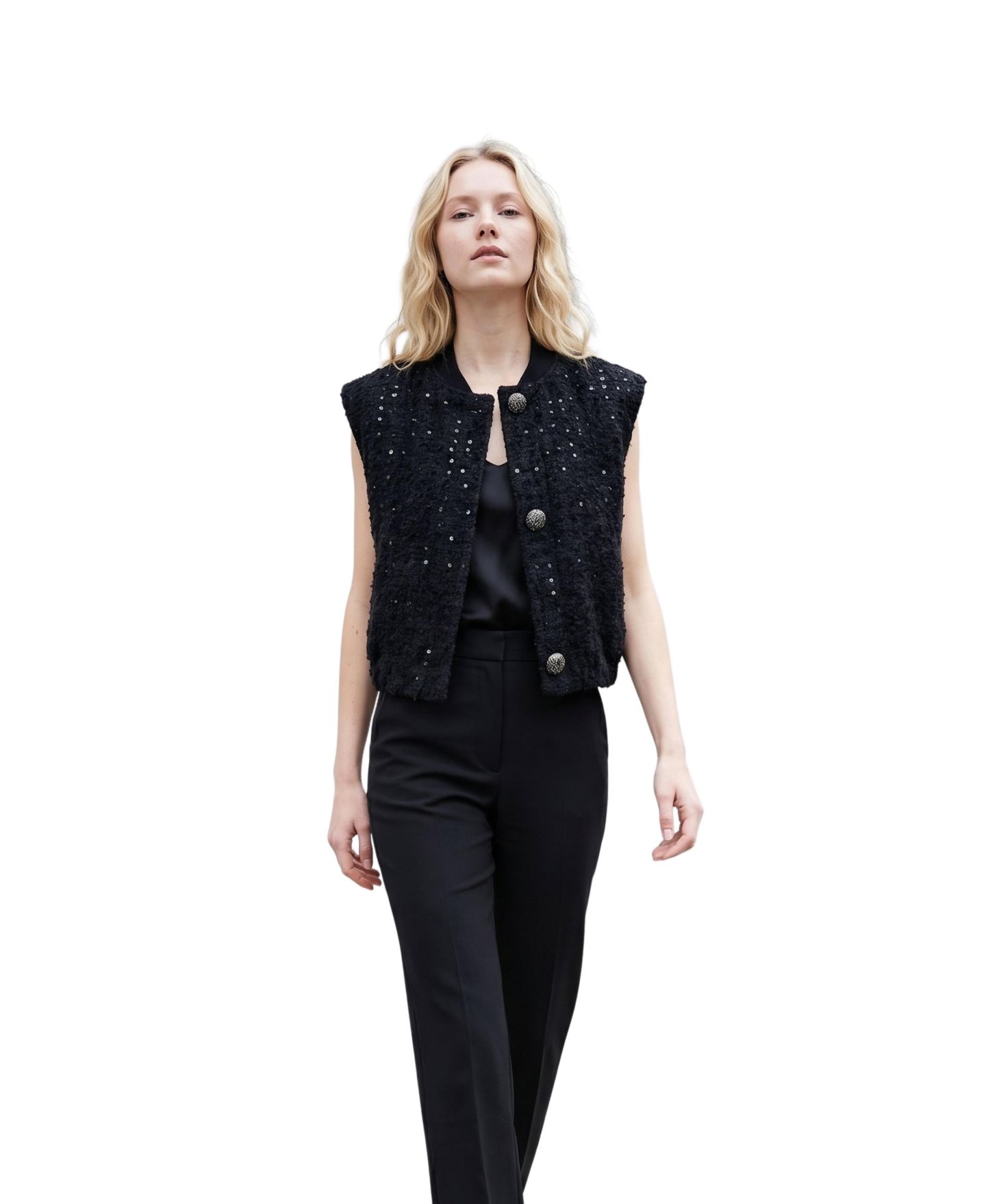 Женский жилет Modenaire Sequin Button-Front Structured, цвет: Чёрный — фото 7