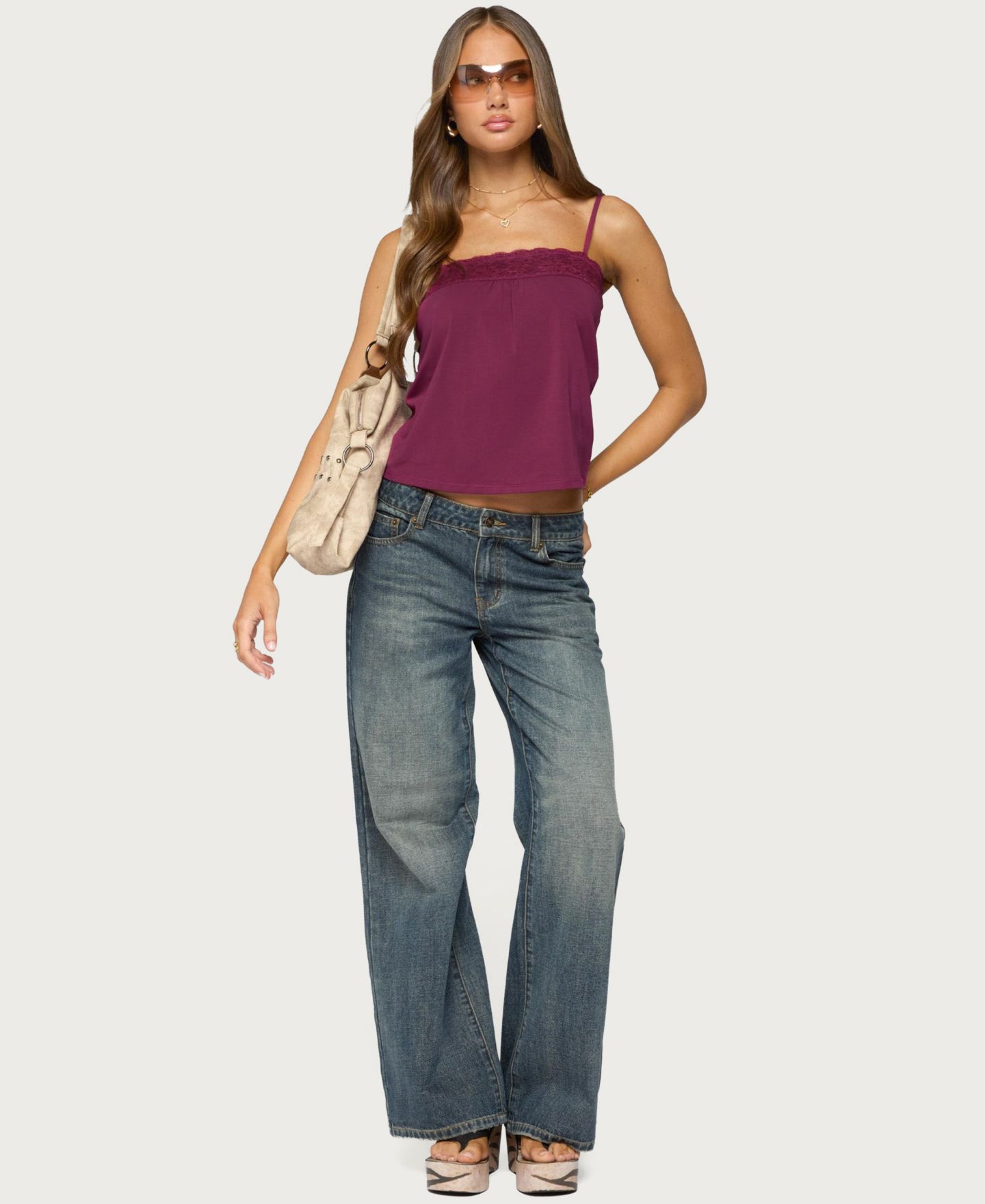 Женский топ Edikted Abbe Lace Trim Square Neck, цвет: Бордовый — фото 5