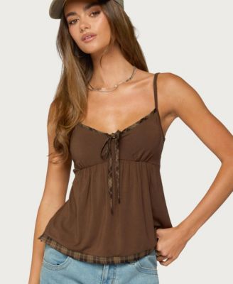 Women's Lissey Plaid Tie-Front V-Neck Babydoll Top