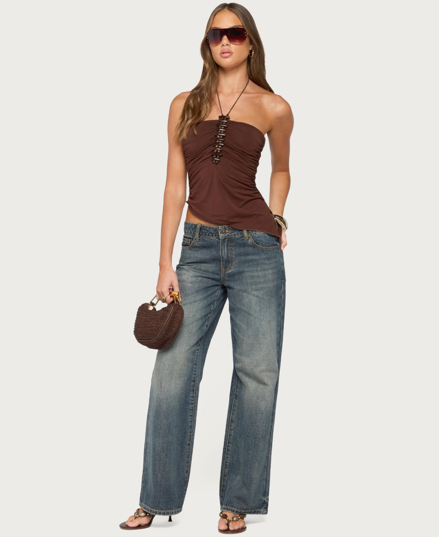 Женский топ Edikted Calia Beaded Asymmetric Halter, цвет: Коричневый — фото 4