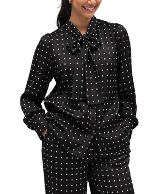 Women's Polka Dot Tie-Neck Long-Sleeve Blouse