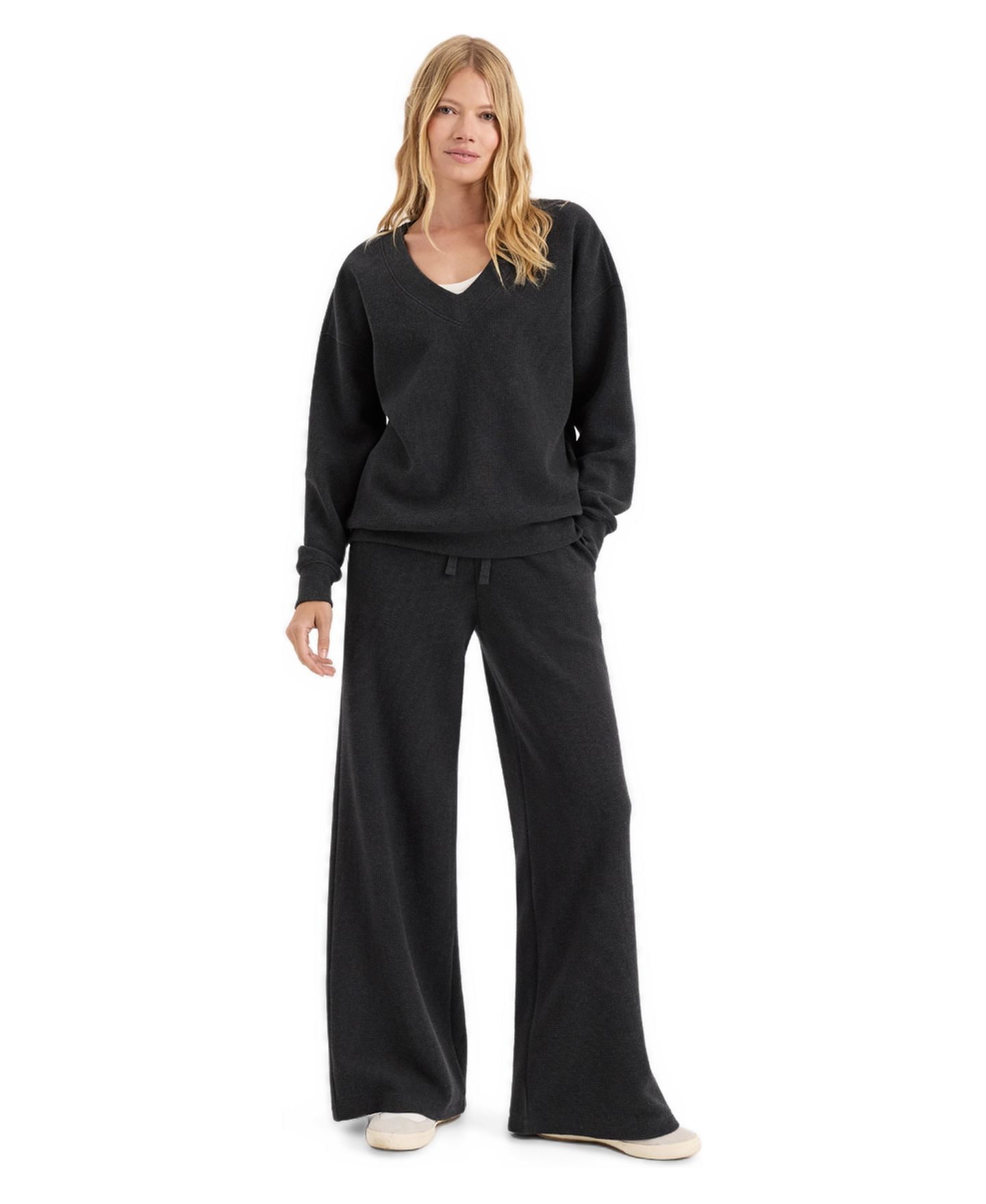 Женские брюки Pact Luxe Organic Cotton-Blend Waffle-Knit Mid-Rise Wide-Leg, цвет: Тёмный угольный меланжевый — фото 3