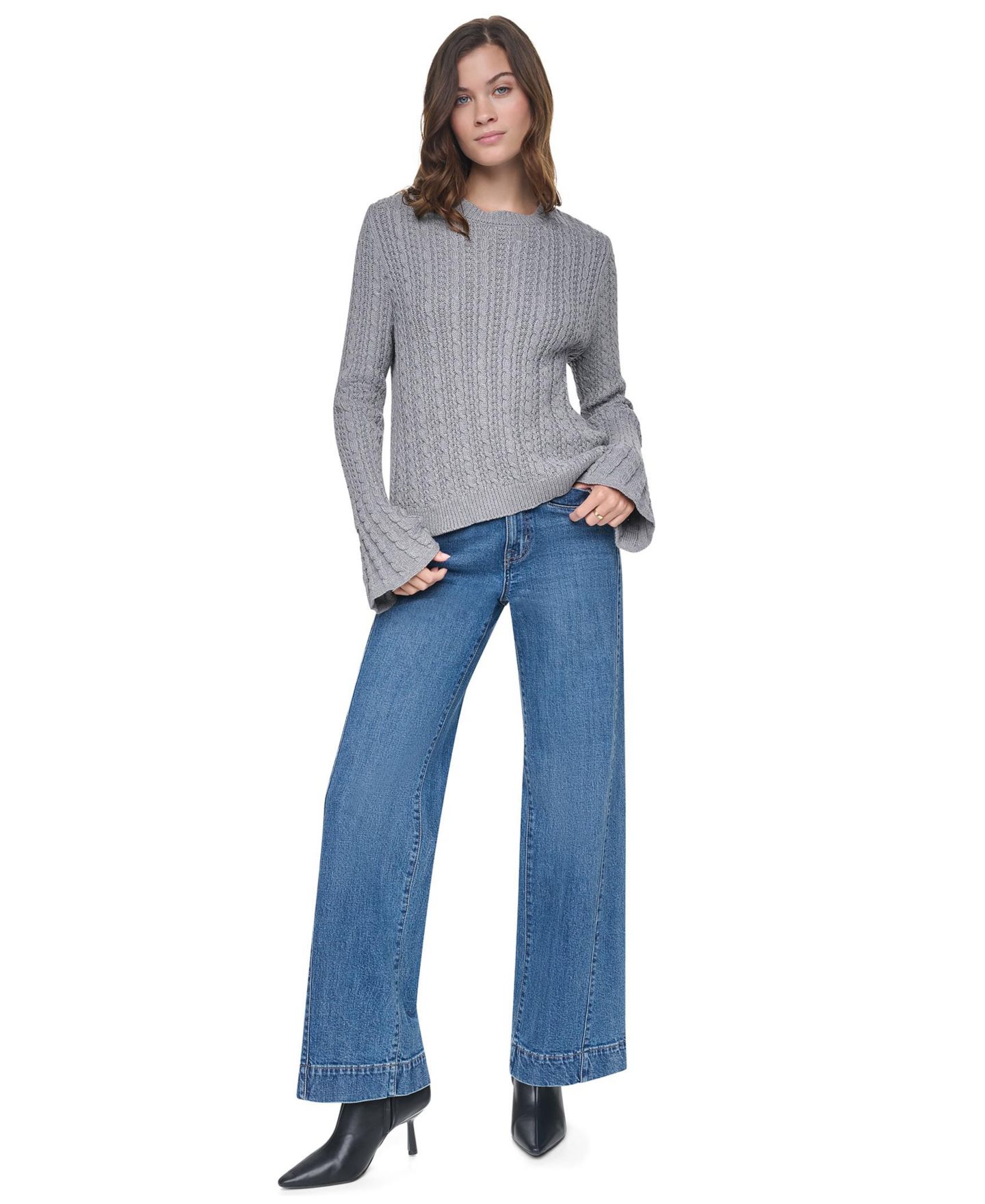 Женский свитер DKNY Jeans Cable-Knit Ruffled-Cuff Pullover, цвет: Чёрный — фото 5