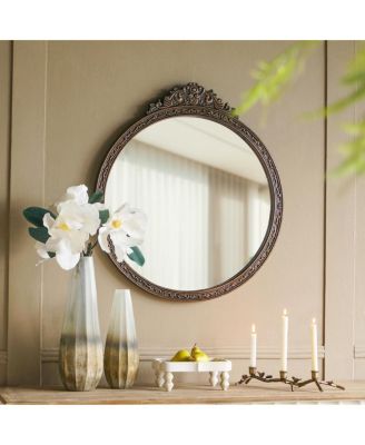 31.5" Round Baroque Wall Mirror with Wood Frame and Floral Crest Decorative Vanity Mirror