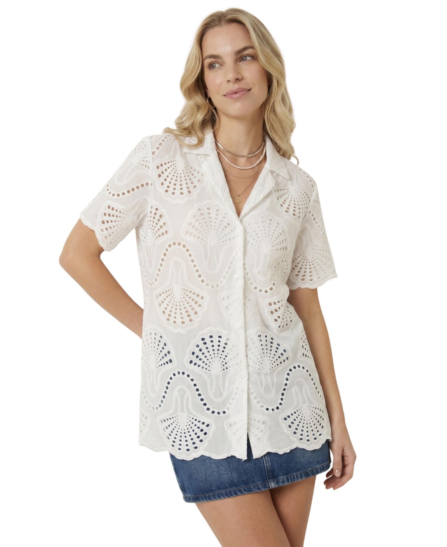 Женская рубашка Modenaire Scalloped Eyelet Shell Motif Short-Sleeve, цвет: Белый — фото 9