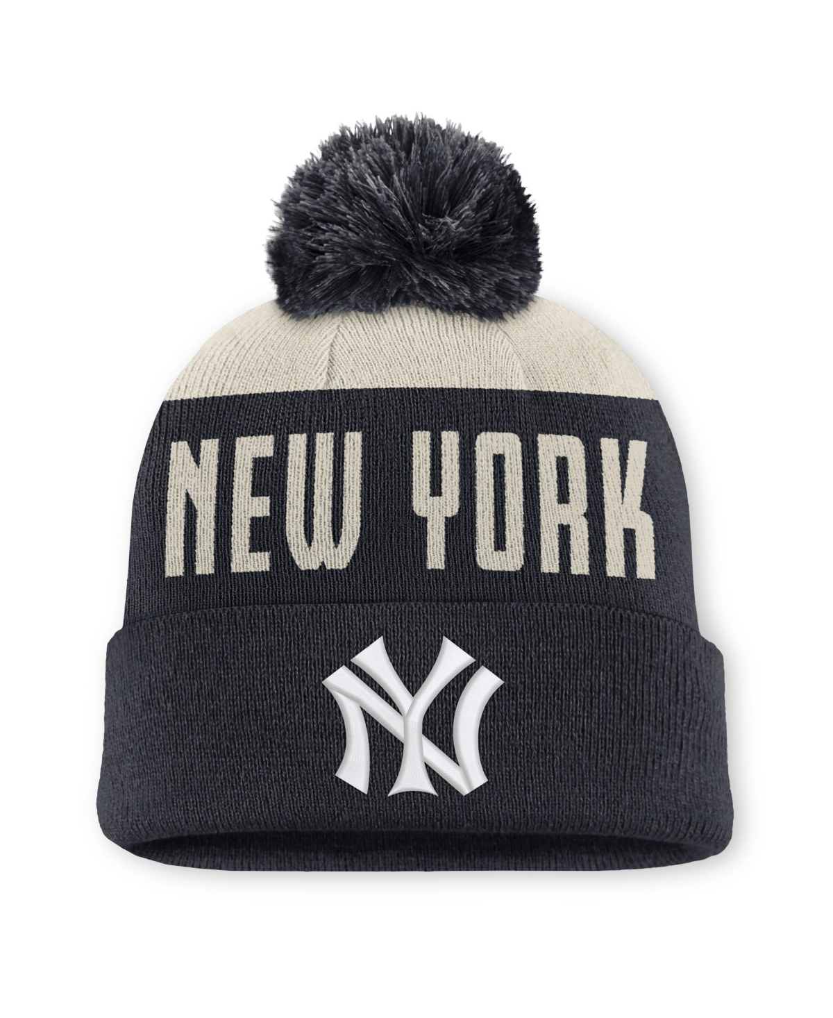Nike Men's Natural/Navy New York Yankees Cooperstown Collection Peak Standard Cuffed Knit with pom Hat - Natural, Navy