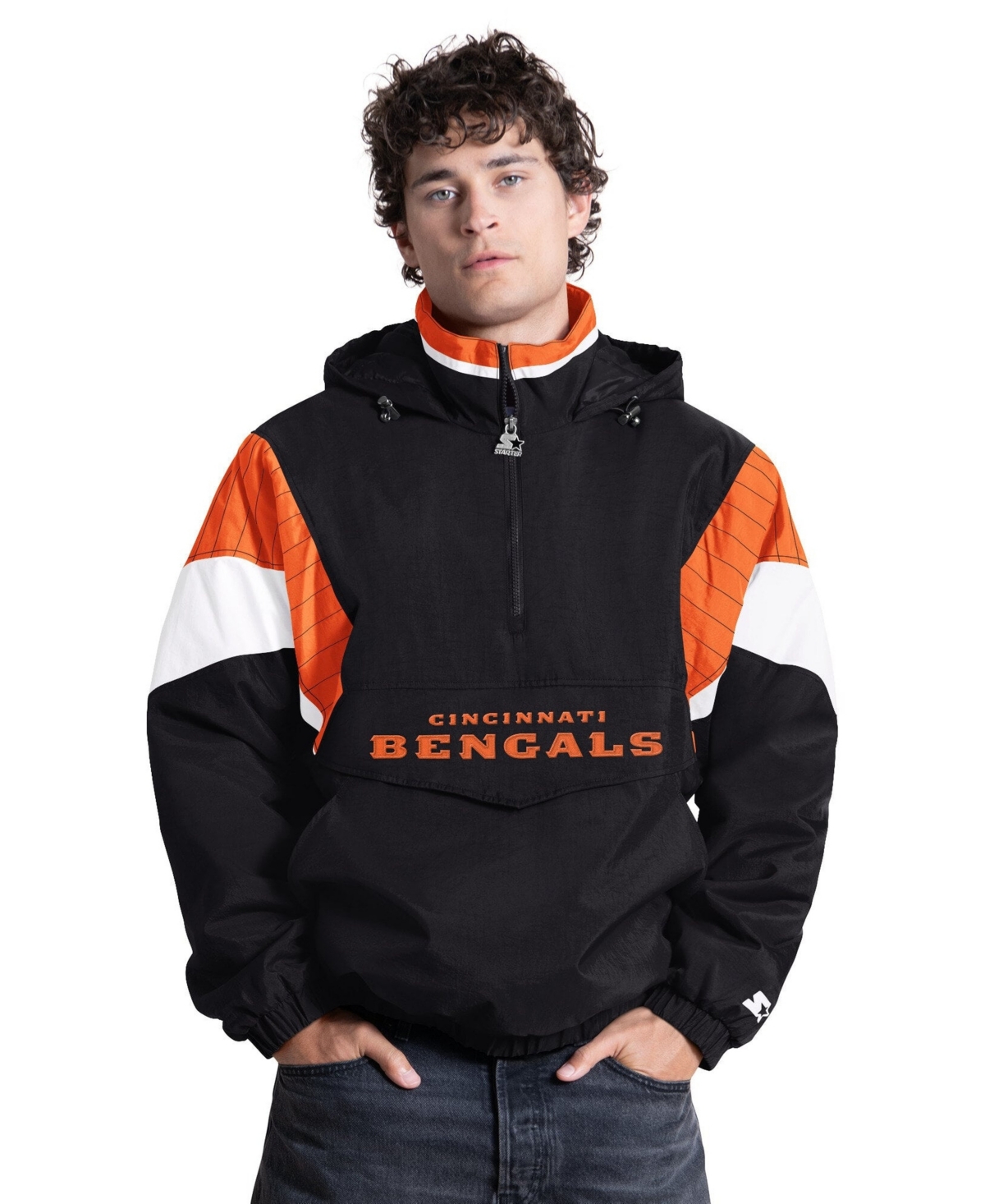 Starter Men's Black Cincinnati Bengals Half-Zip Hooded Jacket - Black, Orange