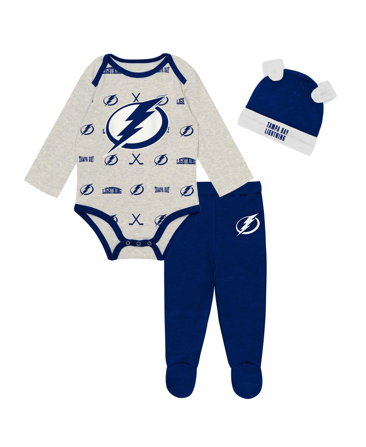 Outerstuff Baby Boys' and Girls' Heathered Bone Tampa Bay Lightning Huddles and Giggles Set, 3-Piece - Heathered Bone