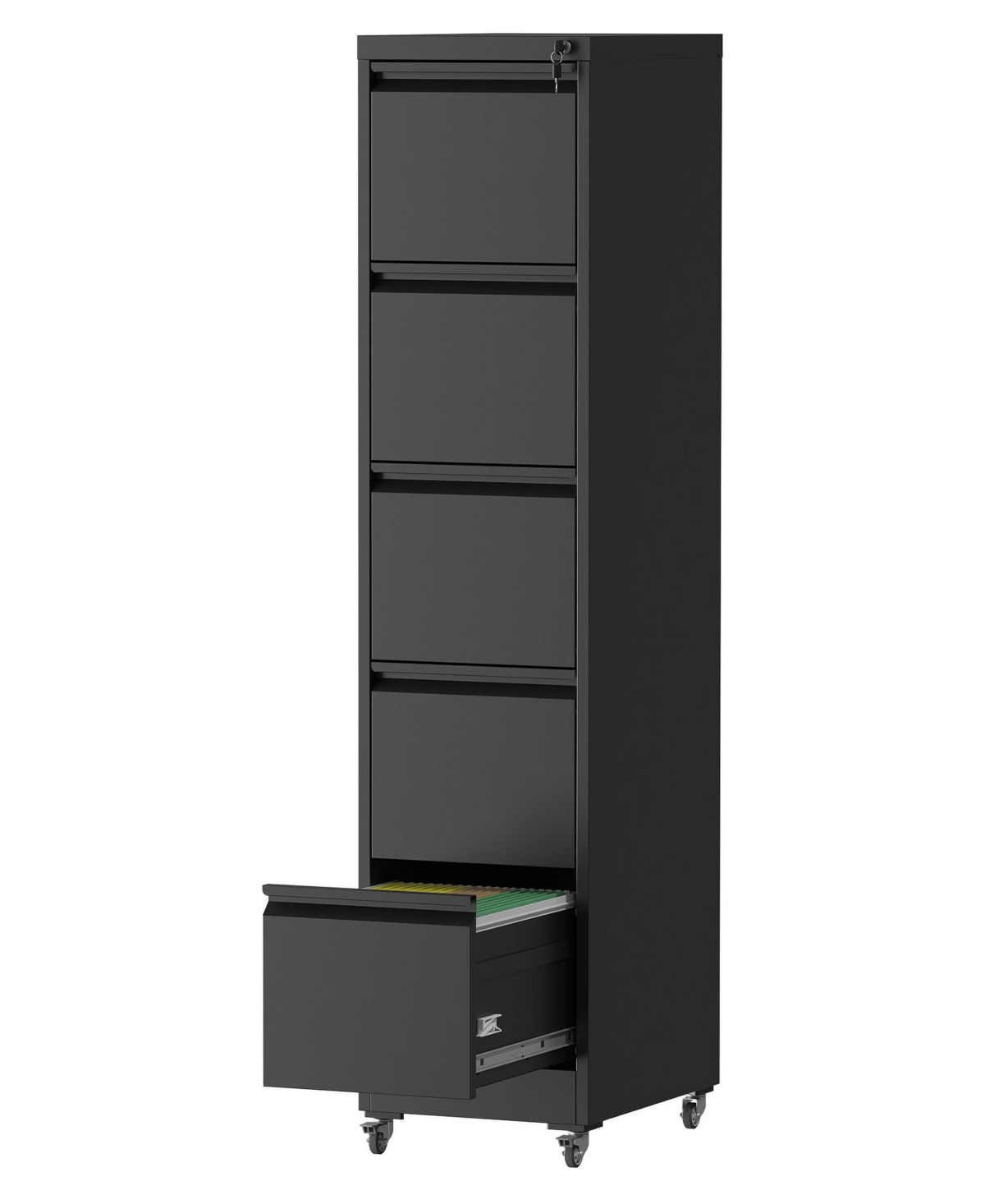 sumyeg 5-Drawer Metal Vertical File Cabinet with Lock and Wheels for A4, Letter and Legal Files - Black