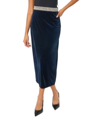 Women's High-Waisted A-Line Velvet Maxi Skirt with Crystal Waist Trim