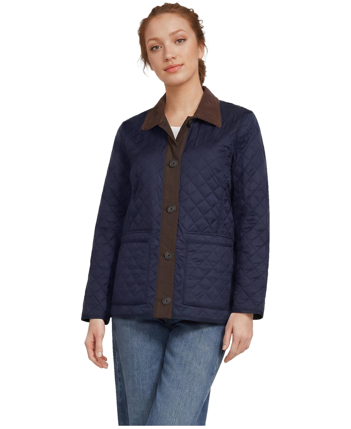 Lands' End Women's Print Reversible Barn Quilted Insulated Jacket - Radiant navy/pine plaid