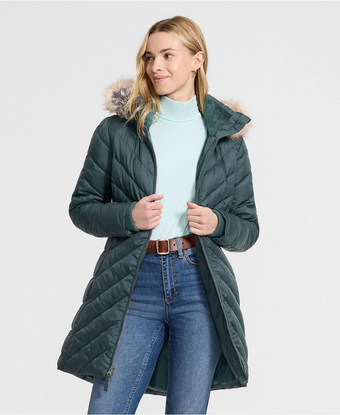 Женское пальто Lands' End FeatherFree Cozy Fleece Lined Winter, цвет: Зелёный — фото 2