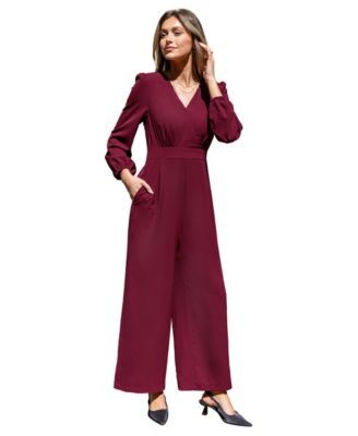 Women's V-Neck Long Puff Sleeve Wide-Leg Jumpsuit