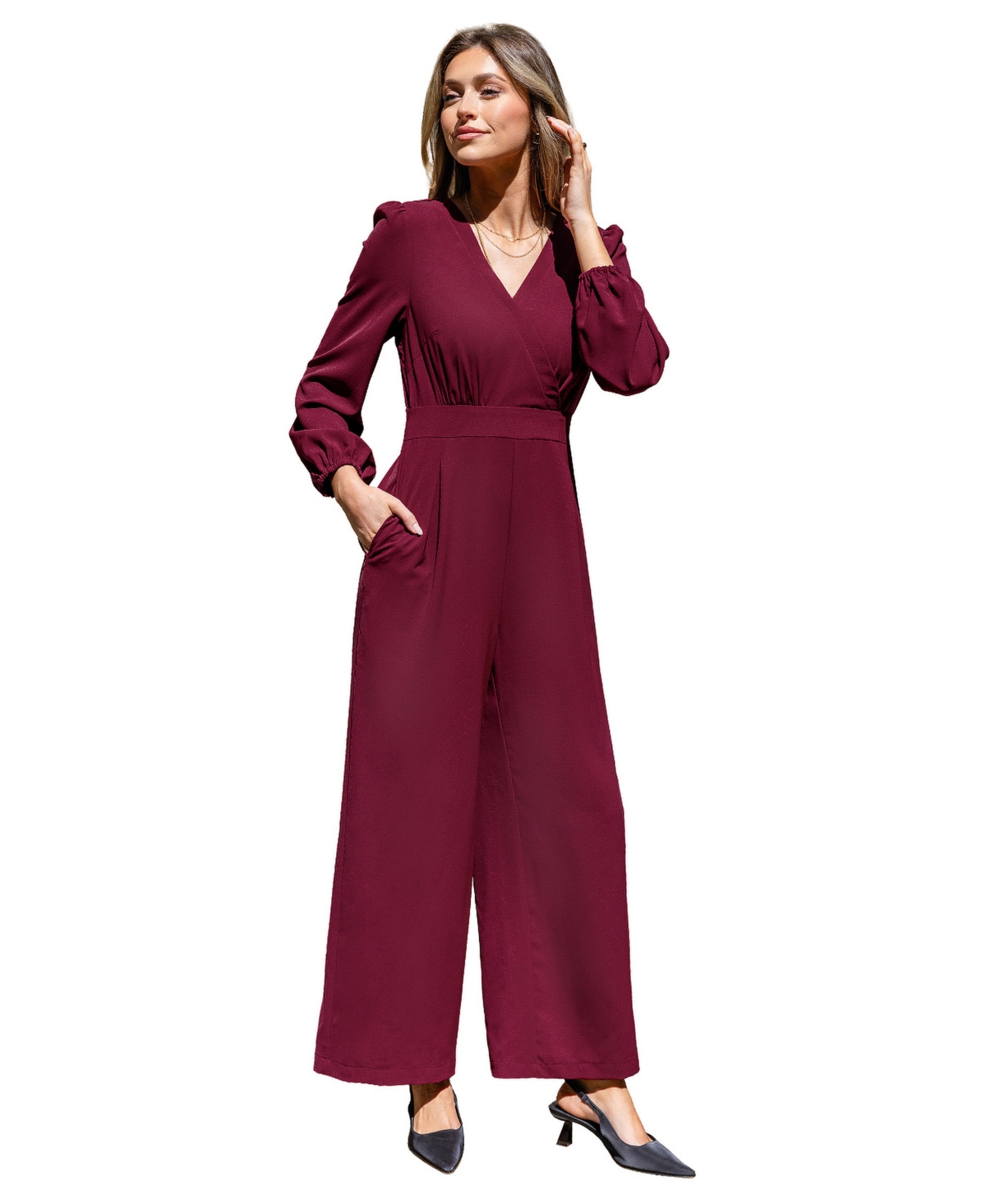 Cupshe Women's V-Neck Long Puff Sleeve Wide-Leg Jumpsuit - Dark red
