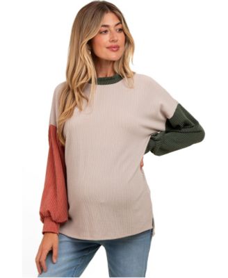 Maternity Ribbed Colorblock Long-Sleeve Side Slit Top