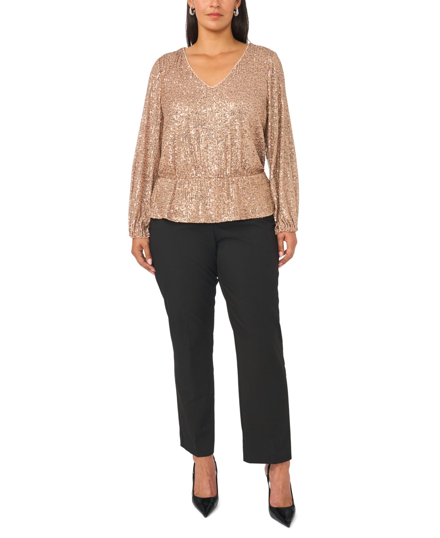 Женский топ Vince Camuto Plus Size Peplum Sequin V-Neck, цвет: Мокко латте — фото 2