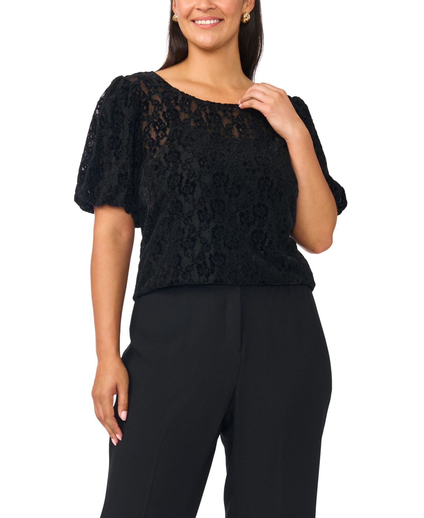Женская блузка Vince Camuto Plus Size Puff-Sleeve Crewneck Lace, цвет: Насыщенный чёрный — фото 4
