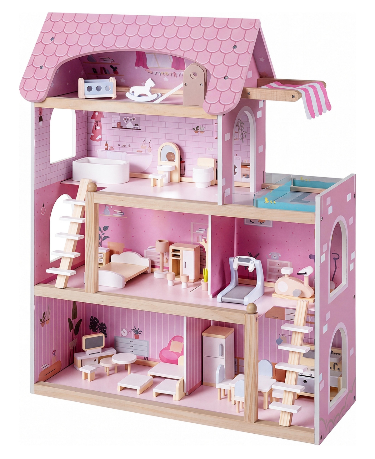 Costway 4-Story Wooden Dollhouse with 33 Pcs Furniture, Ages 3+ - Pink