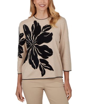 Women's Floral Loose-Fit 3/4-Sleeve Pullover Sweater