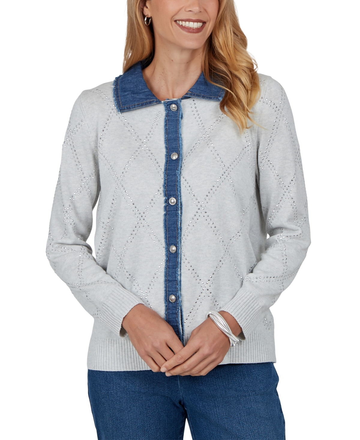 Alfred Dunner Women's Long-Sleeve Button-Front Cotton-Blend Cardigan - Grey
