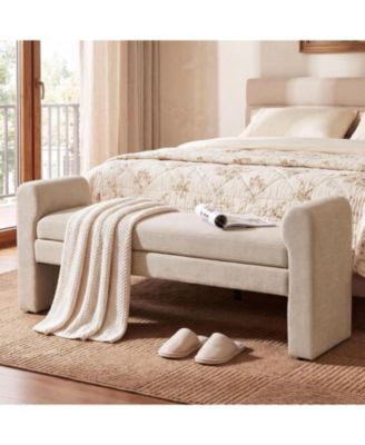 55" Upholstered End of Bed Bench with Arms,Beige Shoe Bench