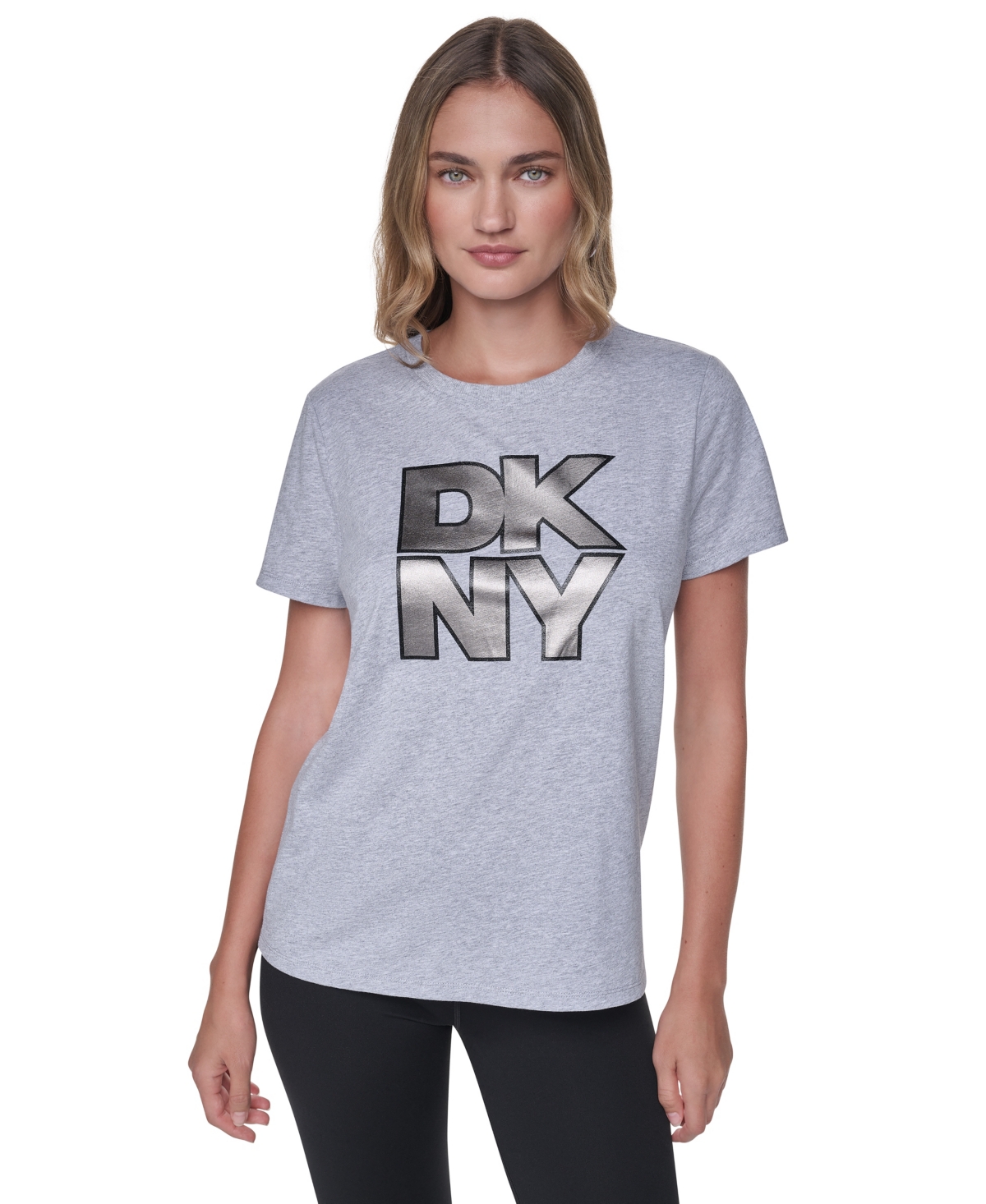 Dkny Sport Women's Stacked Foil Glitter Logo Short-Sleeve Relaxed Fit T-Shirt - Pearl Grey