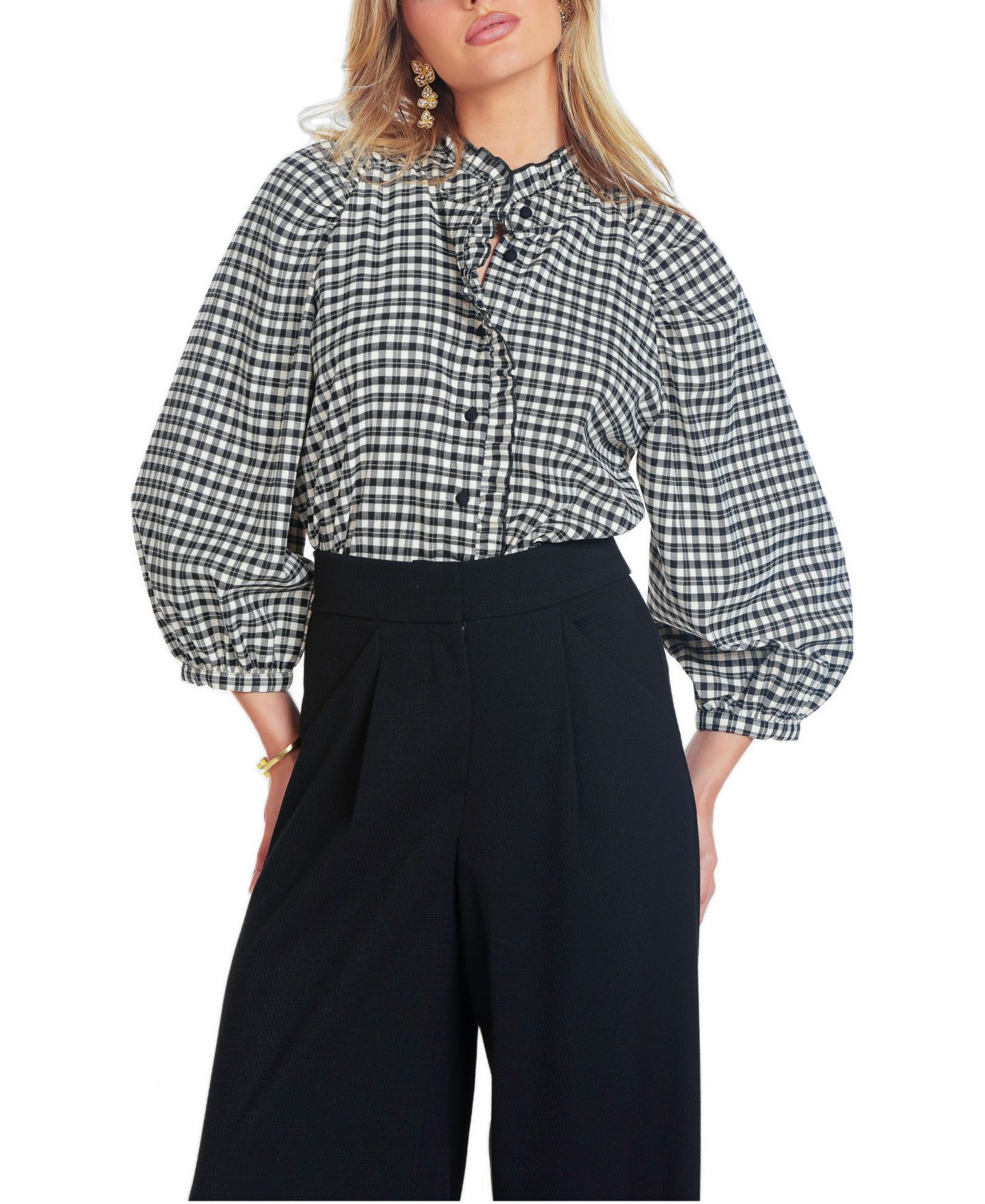 Женская блузка Bishop + Young Sisley Plaid Mock Neck, цвет: Чёрный клетчатый — фото 1