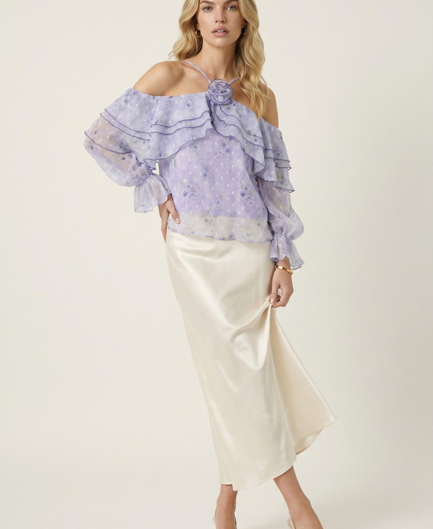 Женская блузка Modenaire Off-the-Shoulder Long-Sleeve Floral-Print, цвет: Лавандовый — фото 3